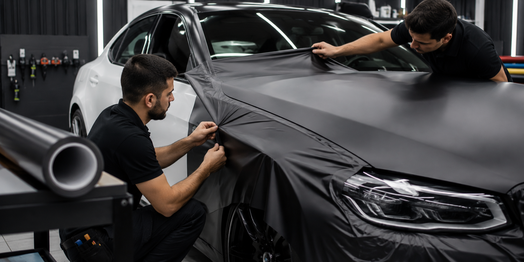 veículo recebendo envelopamento automotivo em oficina profissional