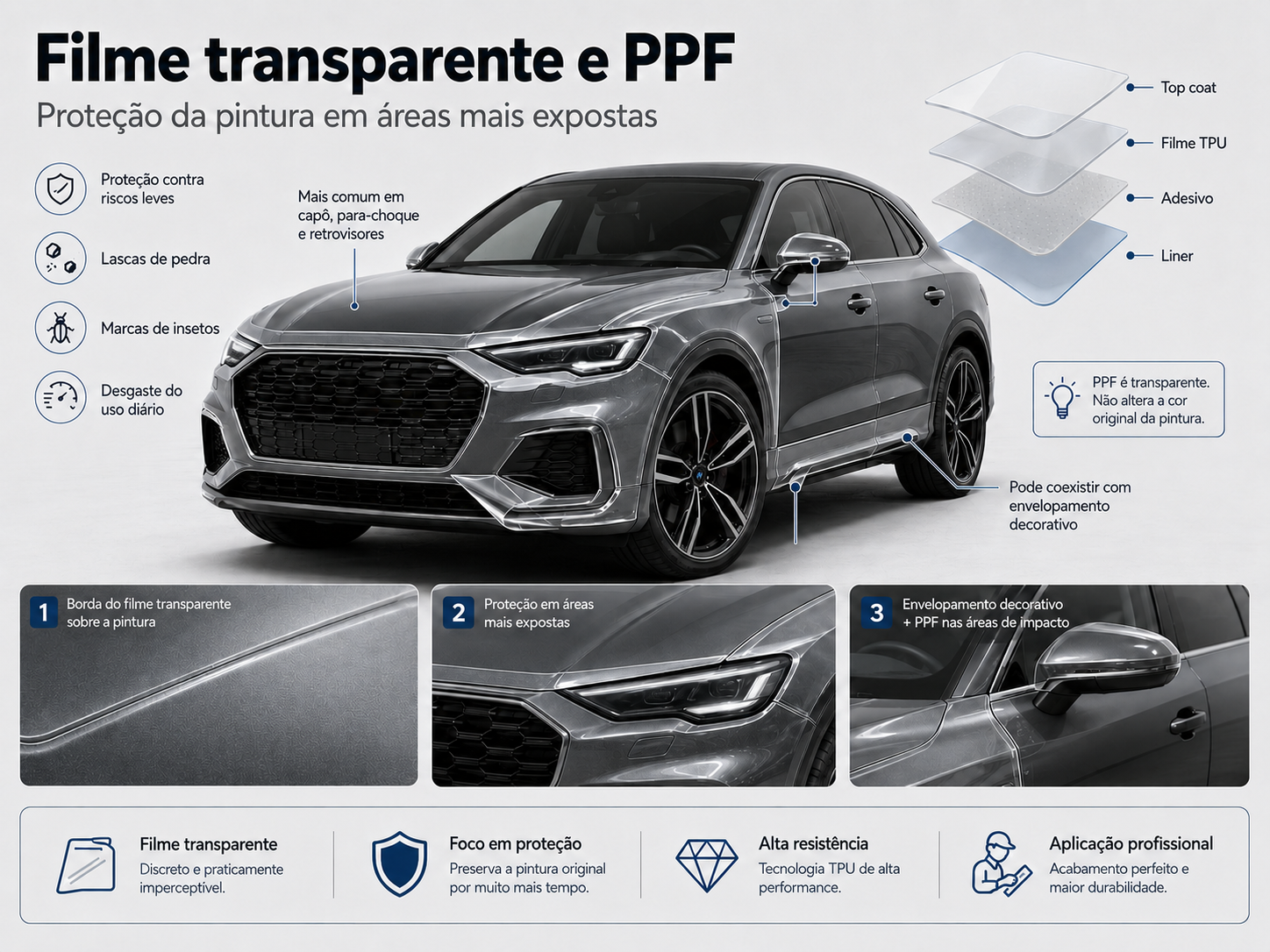 aplicação de PPF transparente para proteção de pintura automotiva