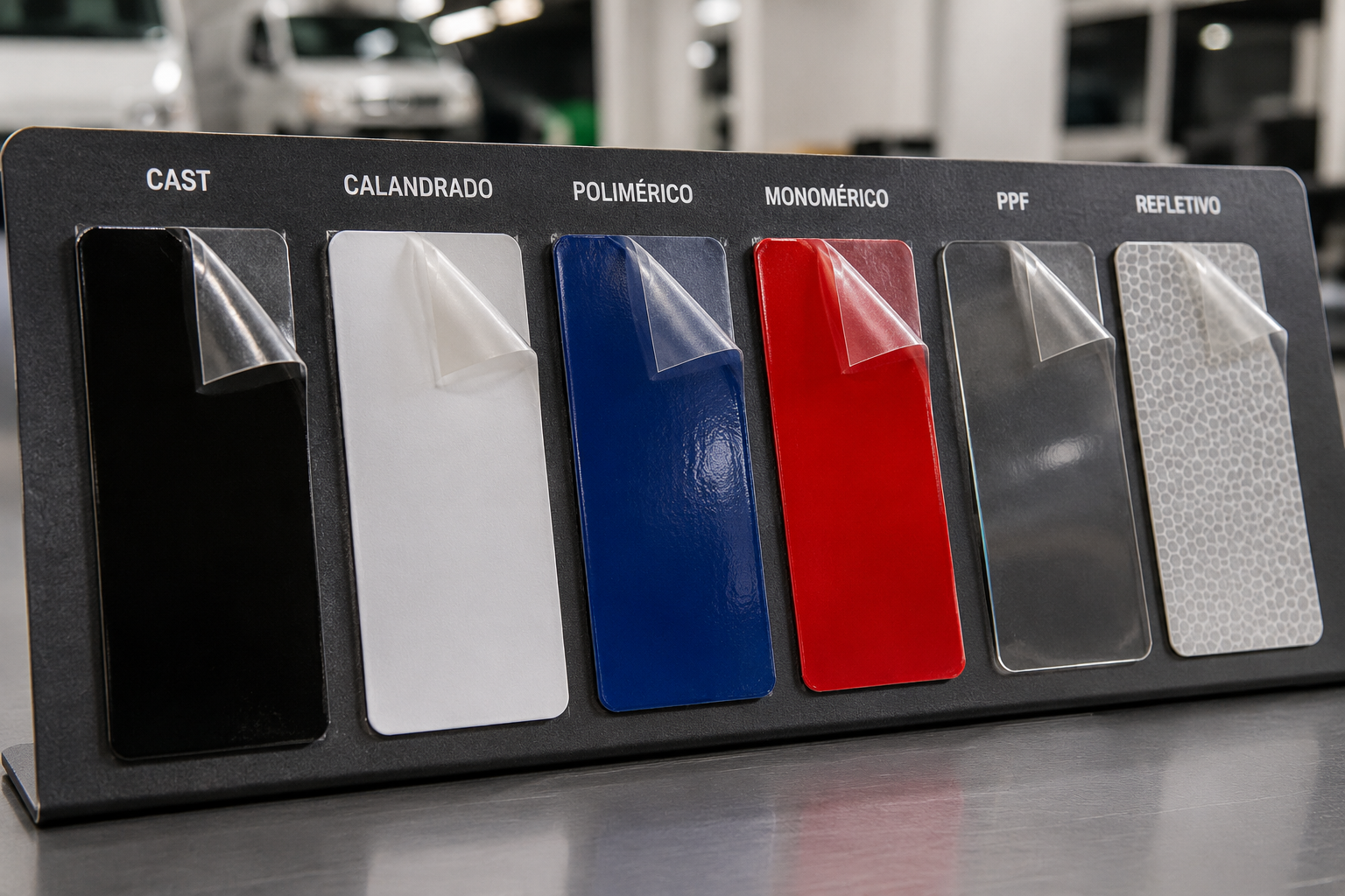 Amostras comparativas de adesivo cast calandrado polimérico monomérico PPF e refletivo usadas em envelopamento de frota