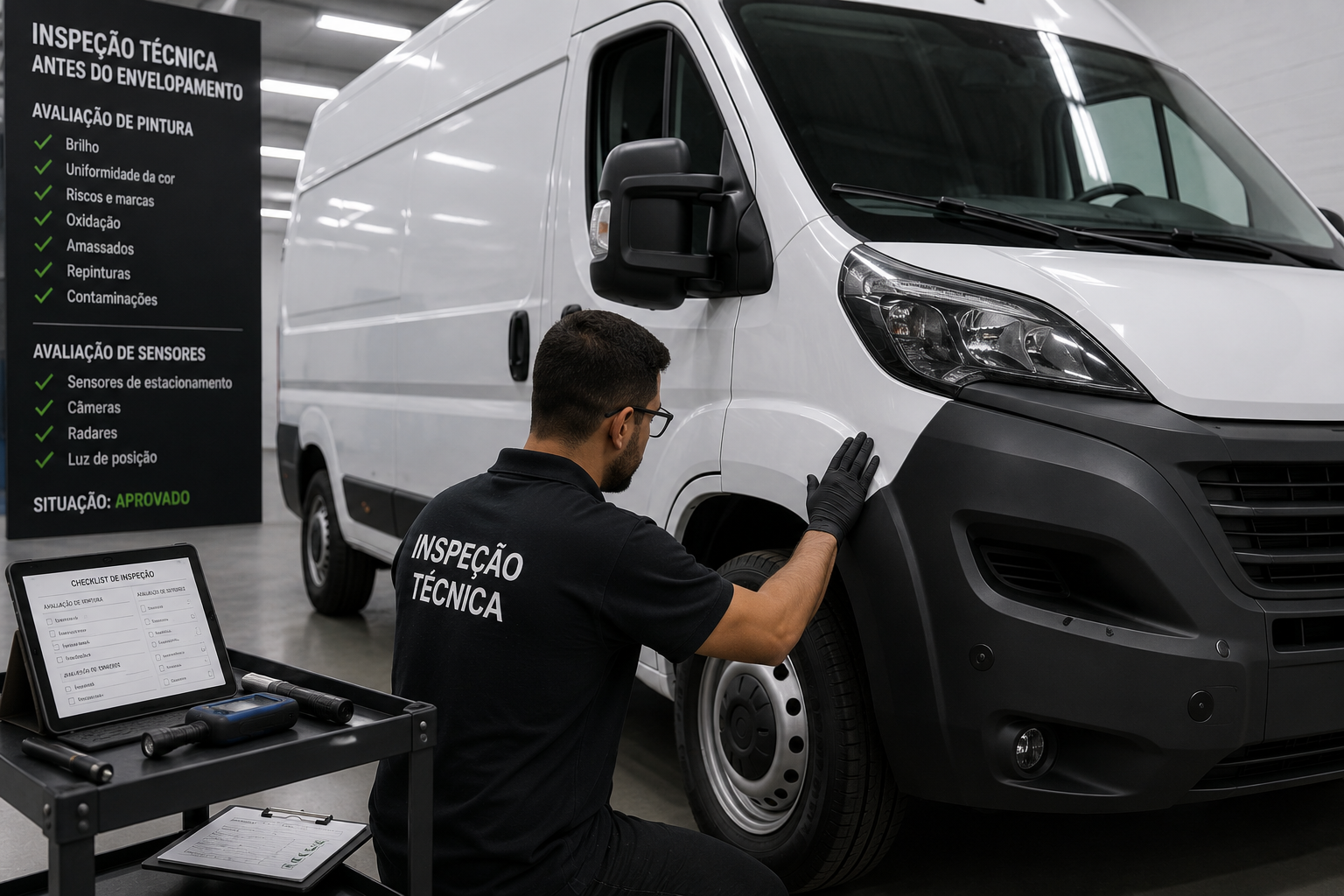 Inspeção técnica de veículo de frota antes da aplicação do envelopamento com avaliação de pintura e sensores